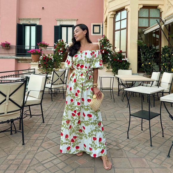Off-Shoulder White Floral Maxi Dress with Red Roses - Picture 2 of 2